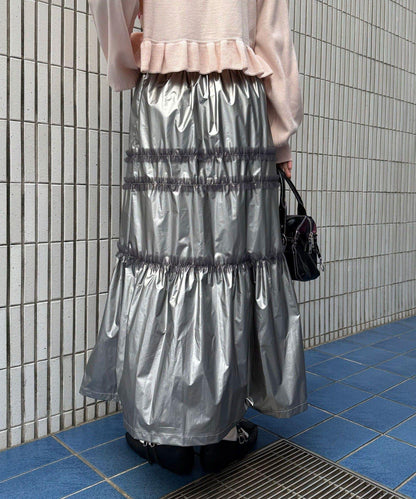 亮面網紗荷葉邊層疊半身裙