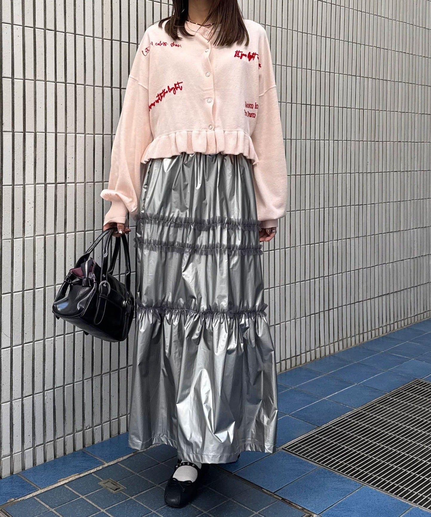 亮面網紗荷葉邊層疊半身裙