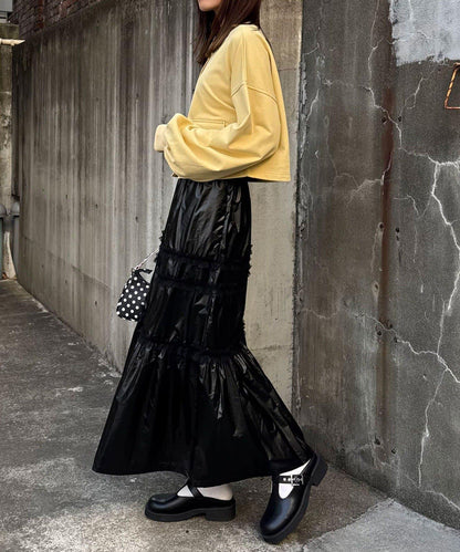 亮面網紗荷葉邊層疊半身裙