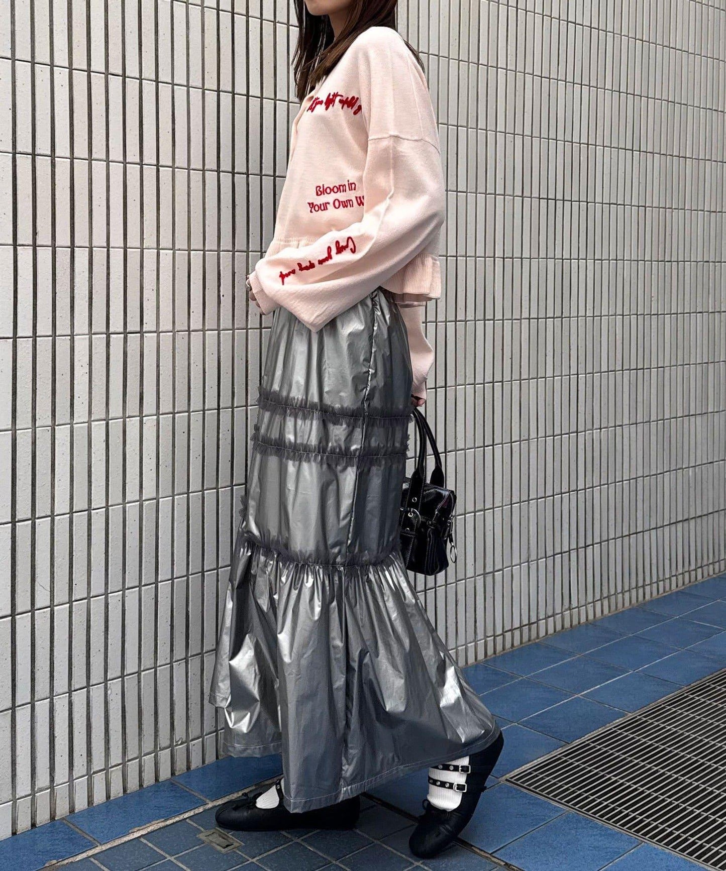 亮面網紗荷葉邊層疊半身裙