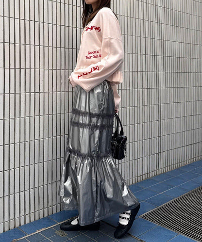 亮面網紗荷葉邊層疊半身裙