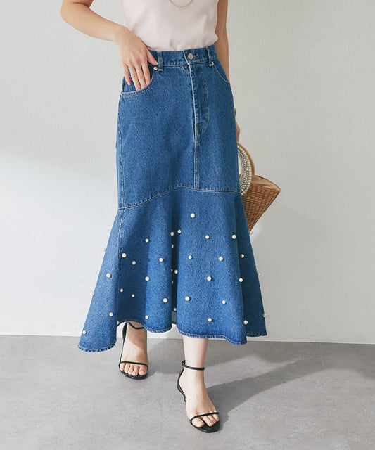 珍珠裝飾 美人魚版型 牛仔 半身裙