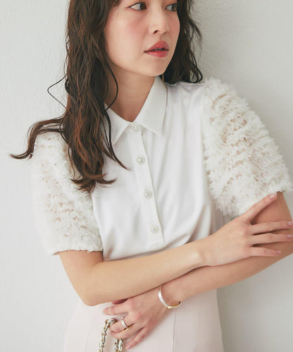荷葉邊網紗袖 釘珠紐扣 女襯衫