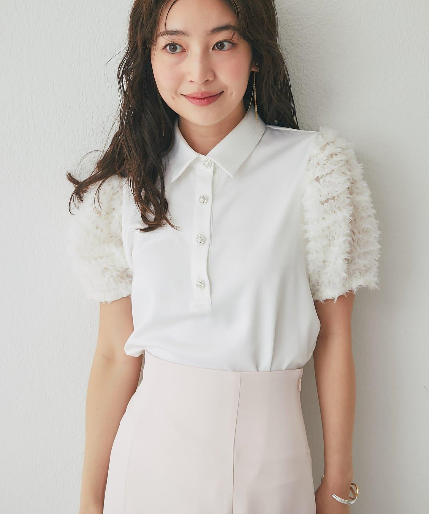 荷葉邊網紗袖 釘珠紐扣 女襯衫