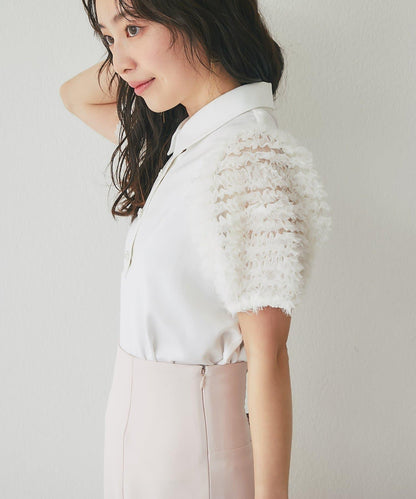 荷葉邊網紗袖 釘珠紐扣 女襯衫