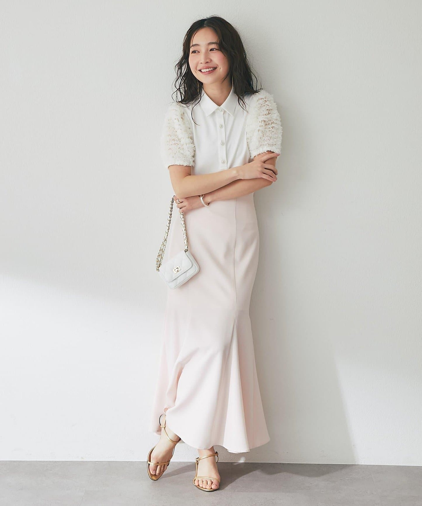 荷葉邊網紗袖 釘珠紐扣 女襯衫