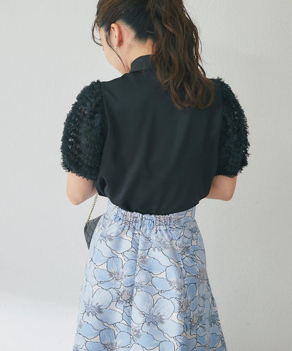 荷葉邊網紗袖 釘珠紐扣 女襯衫