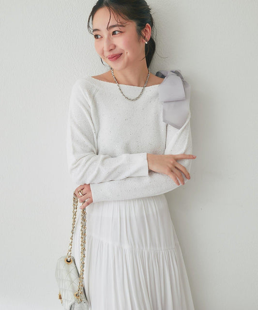 亮片圈圈紗露肩蝴蝶結針織上衣