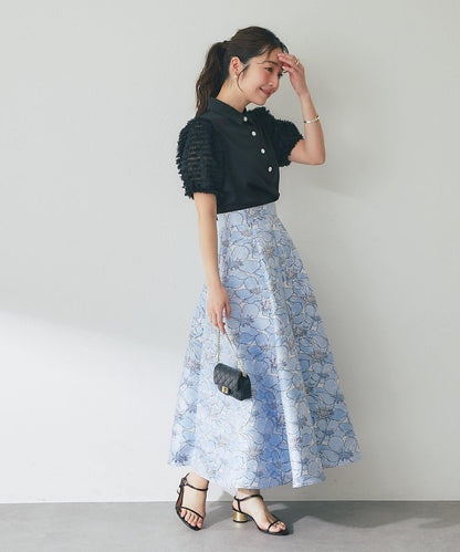 荷葉邊網紗袖 釘珠紐扣 女襯衫