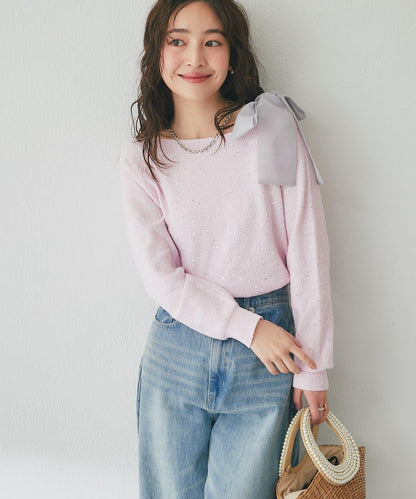 亮片圈圈紗露肩蝴蝶結針織上衣