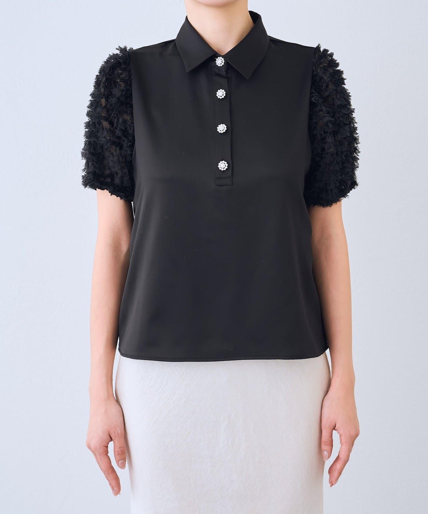 荷葉邊網紗袖 釘珠紐扣 女襯衫