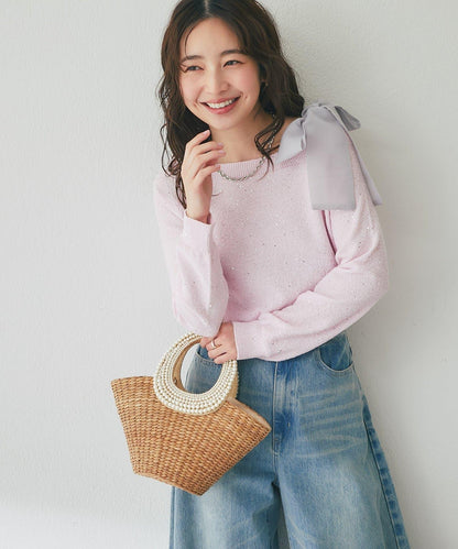 亮片圈圈紗露肩蝴蝶結針織上衣