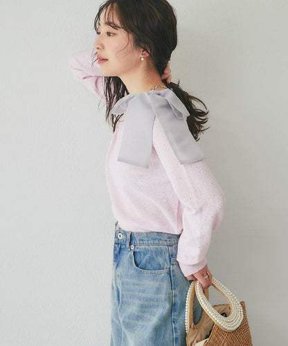 亮片圈圈紗露肩蝴蝶結針織上衣