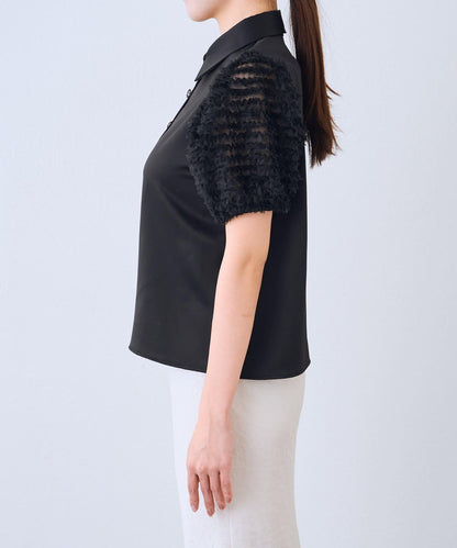 荷葉邊網紗袖 釘珠紐扣 女襯衫