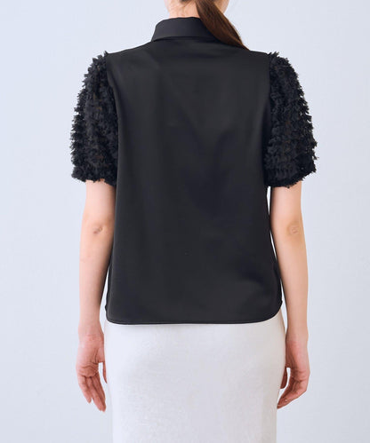 荷葉邊網紗袖 釘珠紐扣 女襯衫