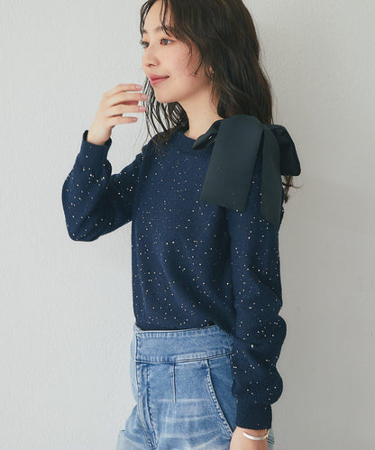 亮片圈圈紗露肩蝴蝶結針織上衣