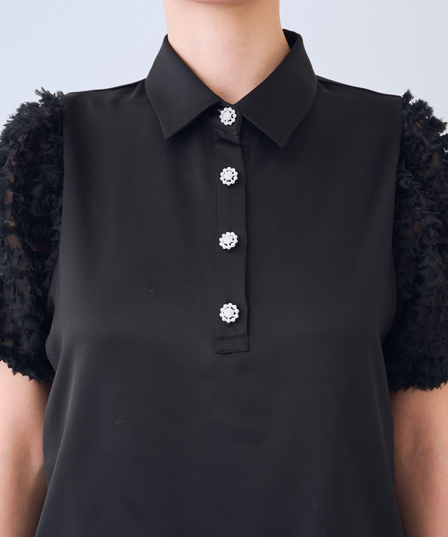 荷葉邊網紗袖 釘珠紐扣 女襯衫