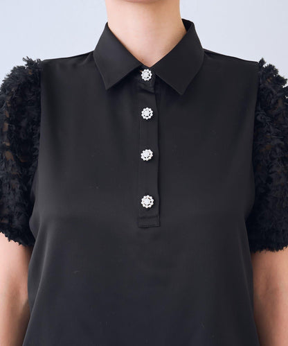 荷葉邊網紗袖 釘珠紐扣 女襯衫