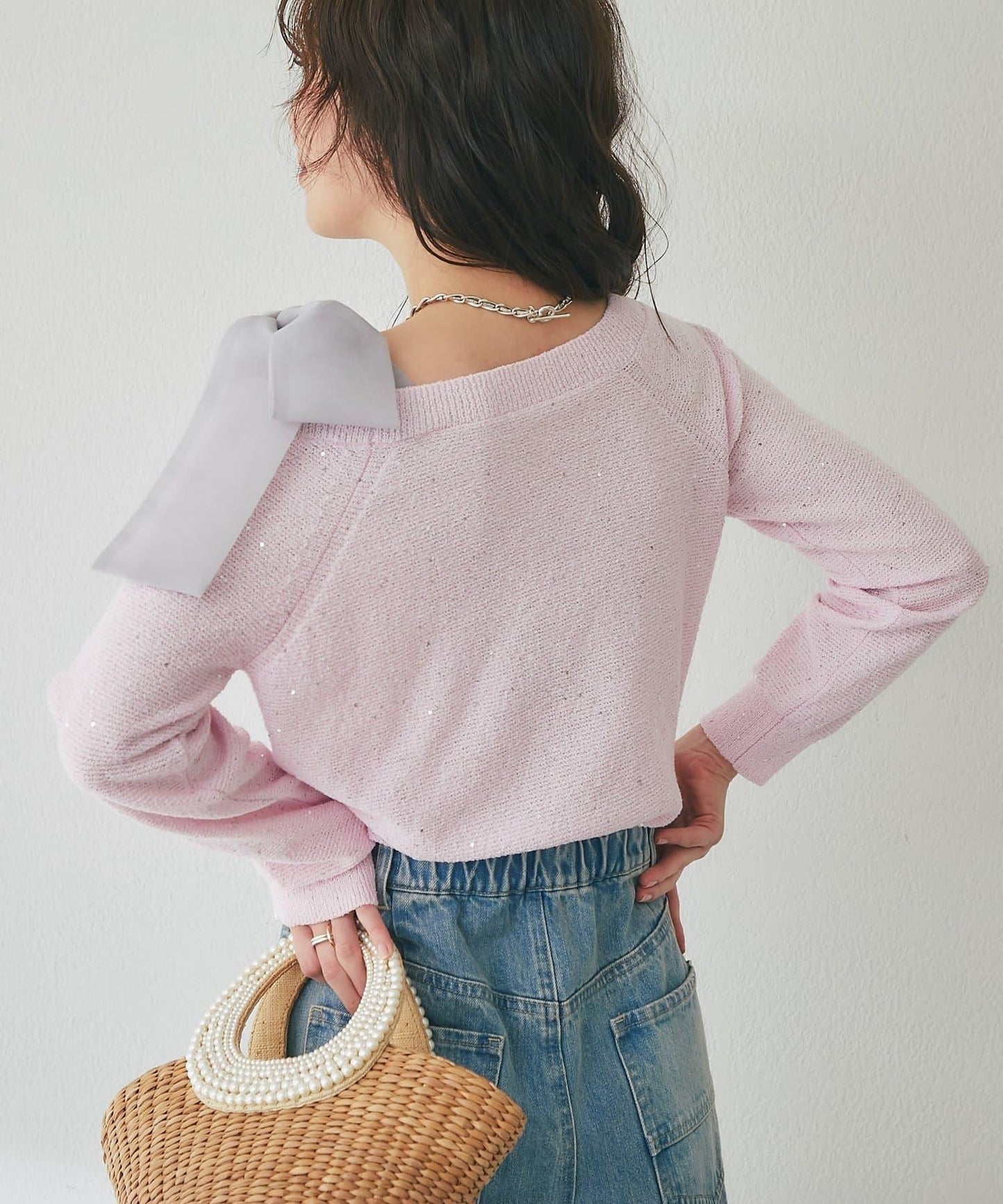 亮片圈圈紗露肩蝴蝶結針織上衣