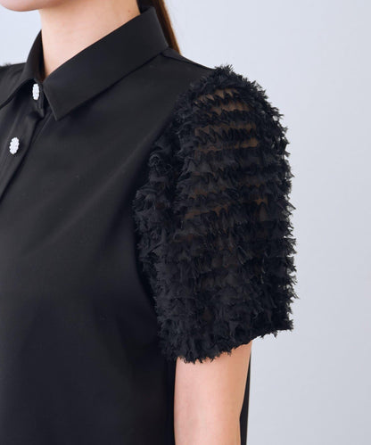 荷葉邊網紗袖 釘珠紐扣 女襯衫