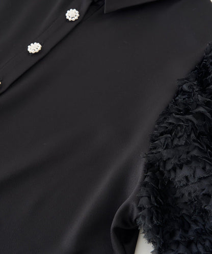 荷葉邊網紗袖 釘珠紐扣 女襯衫