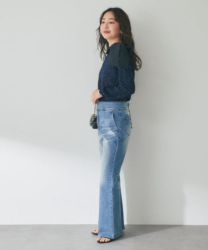 亮片圈圈紗露肩蝴蝶結針織上衣