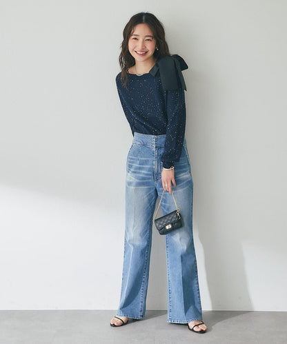 亮片圈圈紗露肩蝴蝶結針織上衣