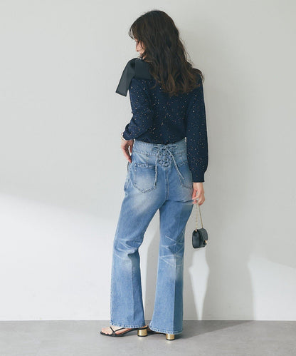 亮片圈圈紗露肩蝴蝶結針織上衣