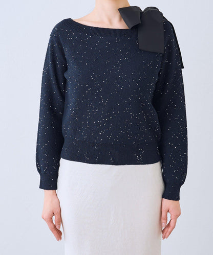 亮片圈圈紗露肩蝴蝶結針織上衣