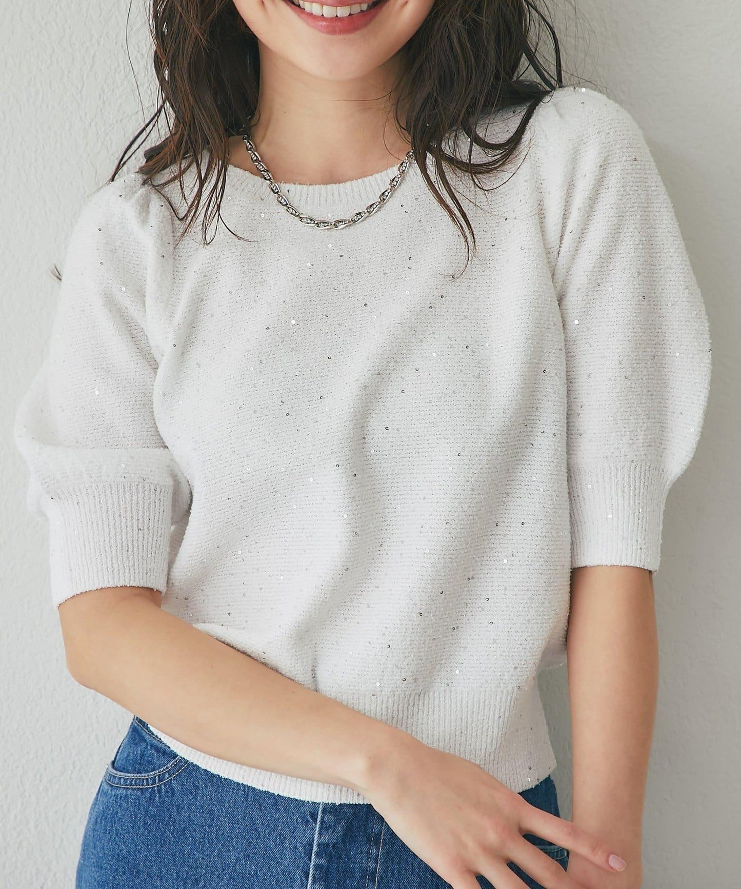 亮片泡泡袖圈圈紗針織上衣