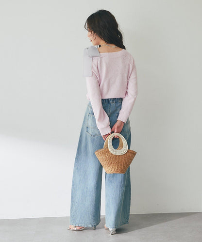 亮片圈圈紗露肩蝴蝶結針織上衣