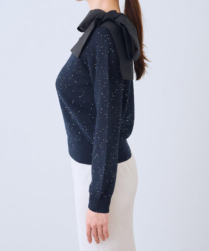 亮片圈圈紗露肩蝴蝶結針織上衣