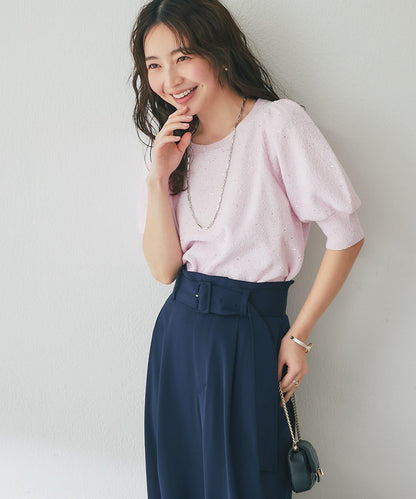 亮片泡泡袖圈圈紗針織上衣