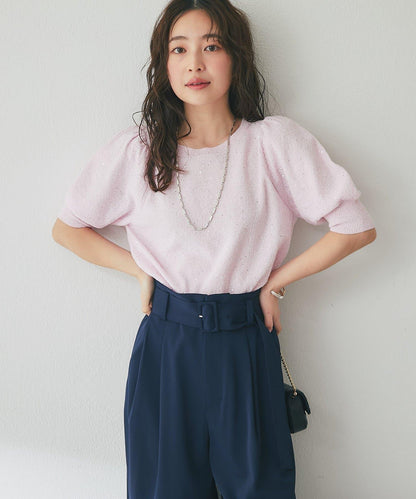 亮片泡泡袖圈圈紗針織上衣