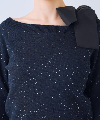 亮片圈圈紗露肩蝴蝶結針織上衣
