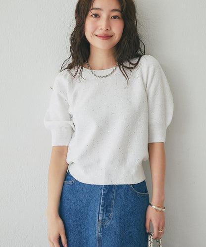 亮片泡泡袖圈圈紗針織上衣