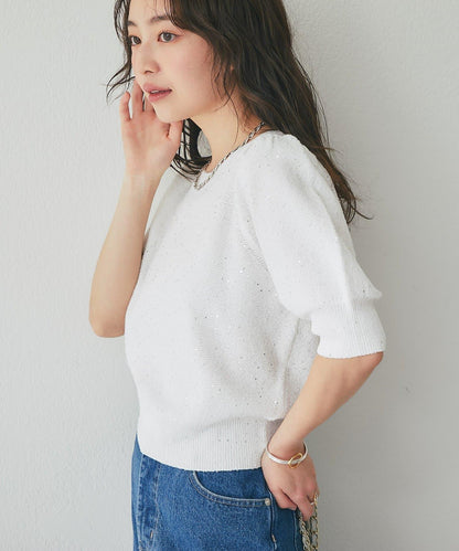 亮片泡泡袖圈圈紗針織上衣
