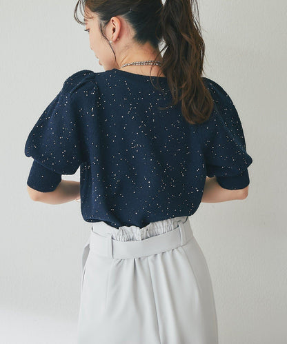 亮片泡泡袖圈圈紗針織上衣