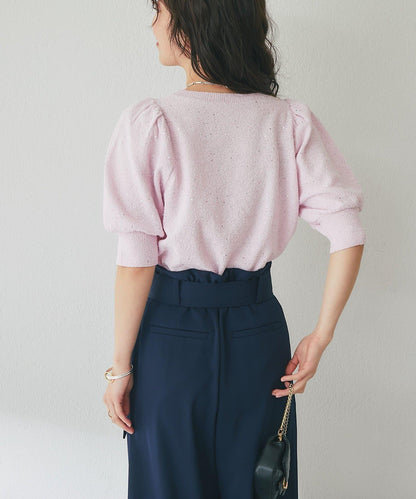 亮片泡泡袖圈圈紗針織上衣