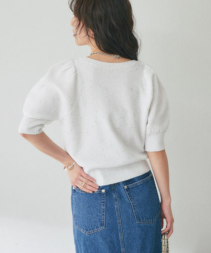 亮片泡泡袖圈圈紗針織上衣