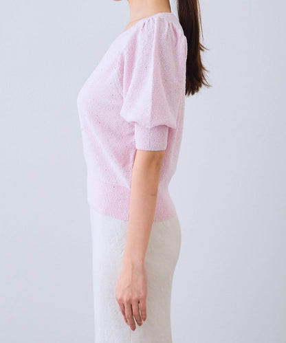 亮片泡泡袖圈圈紗針織上衣