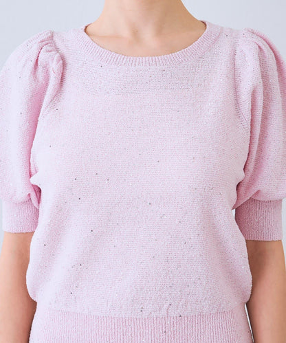 亮片泡泡袖圈圈紗針織上衣