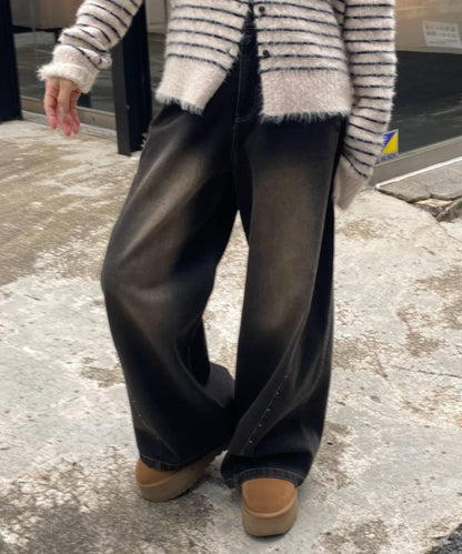 鉚釘設計 闊腿 牛仔面料 牛仔褲