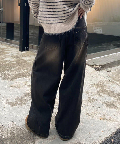 鉚釘設計 闊腿 牛仔面料 牛仔褲