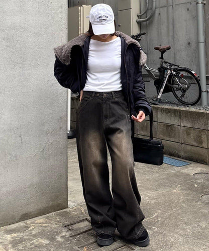 鉚釘設計 闊腿 牛仔面料 牛仔褲