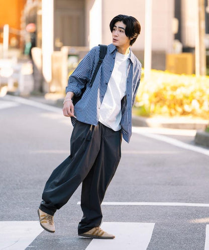 寬鬆廓形 雙褶 聚酯斜紋 長褲