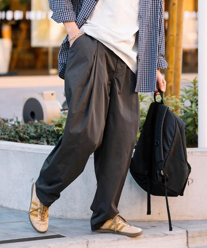 寬鬆廓形 雙褶 聚酯斜紋 長褲