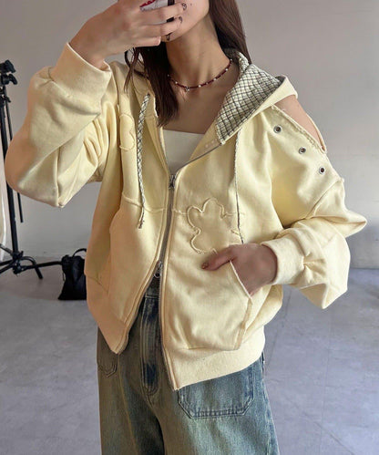 肩部開衩金屬釦眼貼布裝飾 拉鍊連帽衛衣