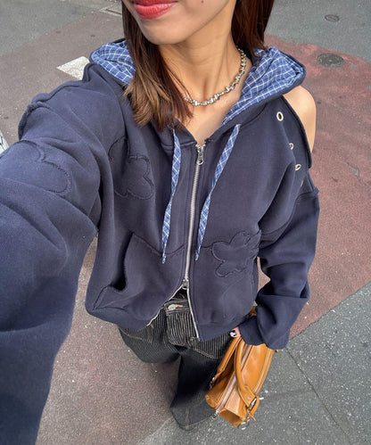 肩部開衩金屬釦眼貼布裝飾 拉鍊連帽衛衣