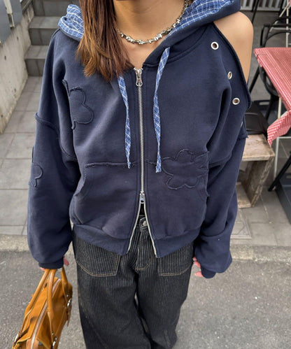 肩部開衩金屬釦眼貼布裝飾 拉鍊連帽衛衣